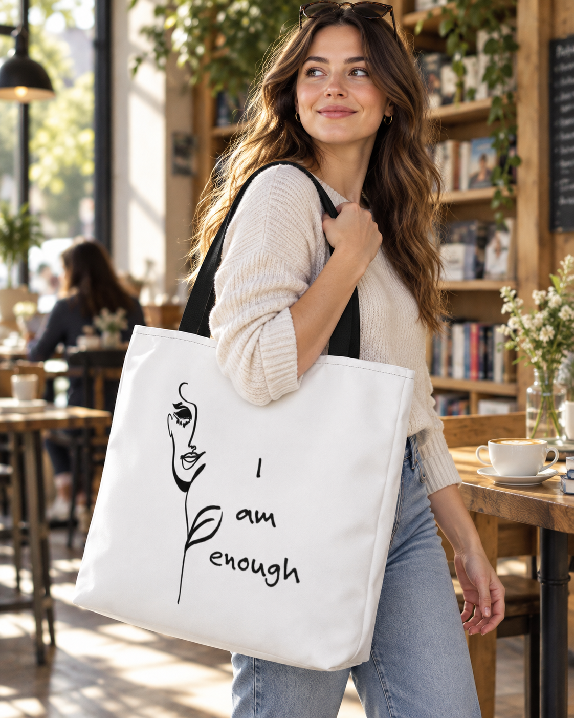 I Am Enough large tote bag in white and black – lifestyle hero