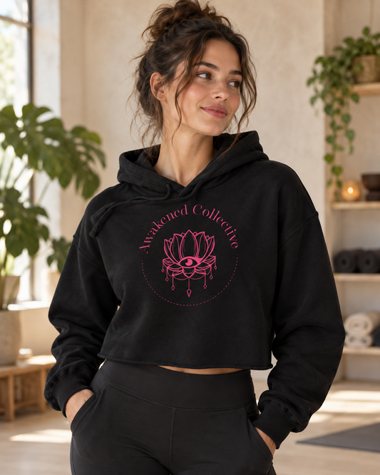 Awakened Collection crop hoodie in black – lifestyle hero
