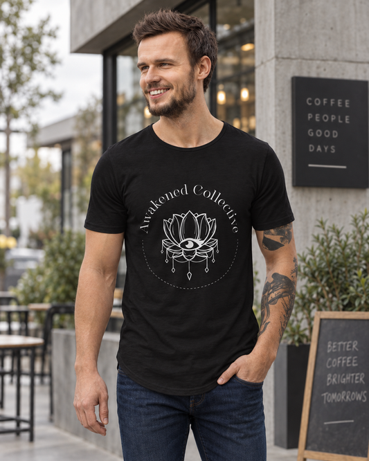 Awakened Collection men's fitted tee in black – lifestyle hero