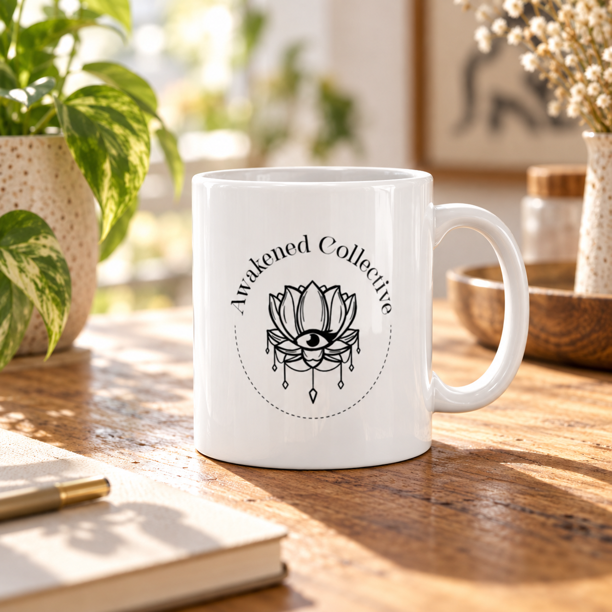 Awakened Collection white mug with black logo – lifestyle hero