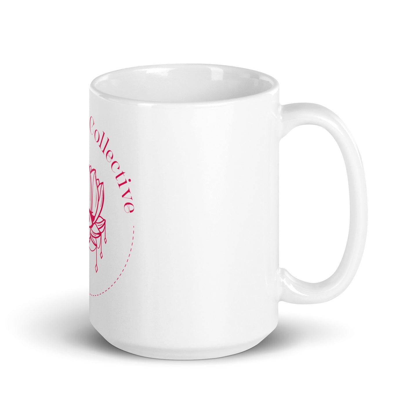 Awakened Collection white mug with pink logo – 15 oz supplier view