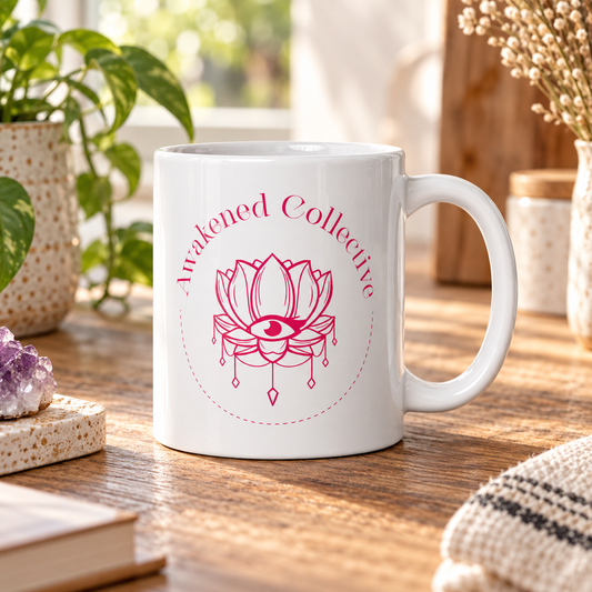 Awakened Collection white mug with pink logo – lifestyle hero