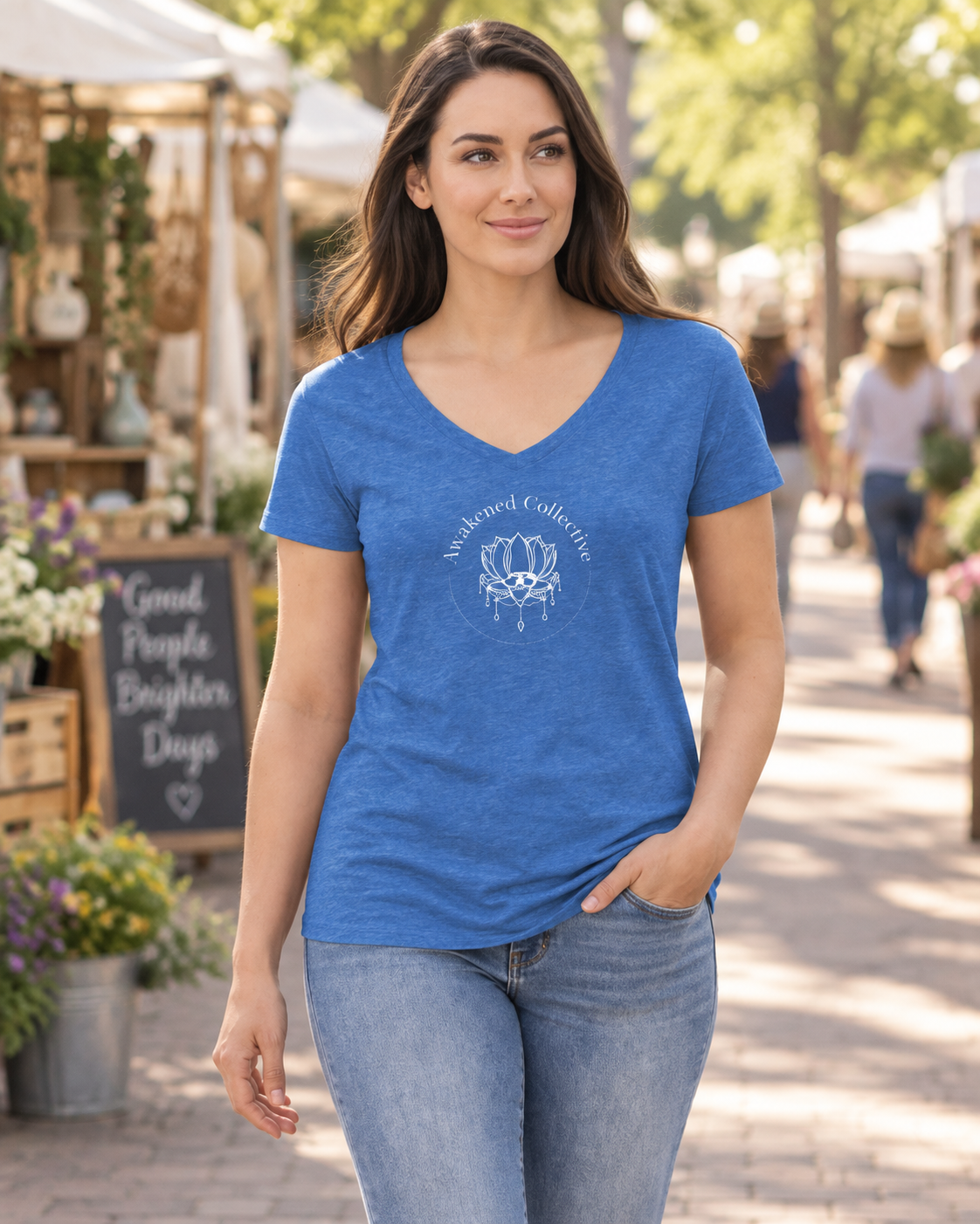 Awakened Collection women's V-neck tee in blue heather – lifestyle hero
