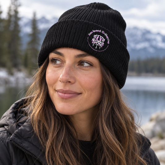 Awakened Collective black ribbed beanie with embroidered logo – lifestyle hero