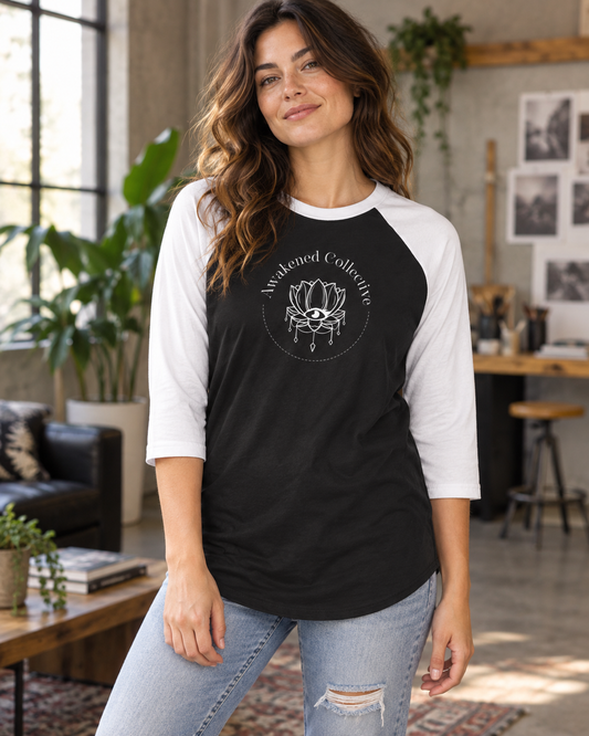 Awakened Collective three-quarter sleeve tee in black and white – lifestyle hero
