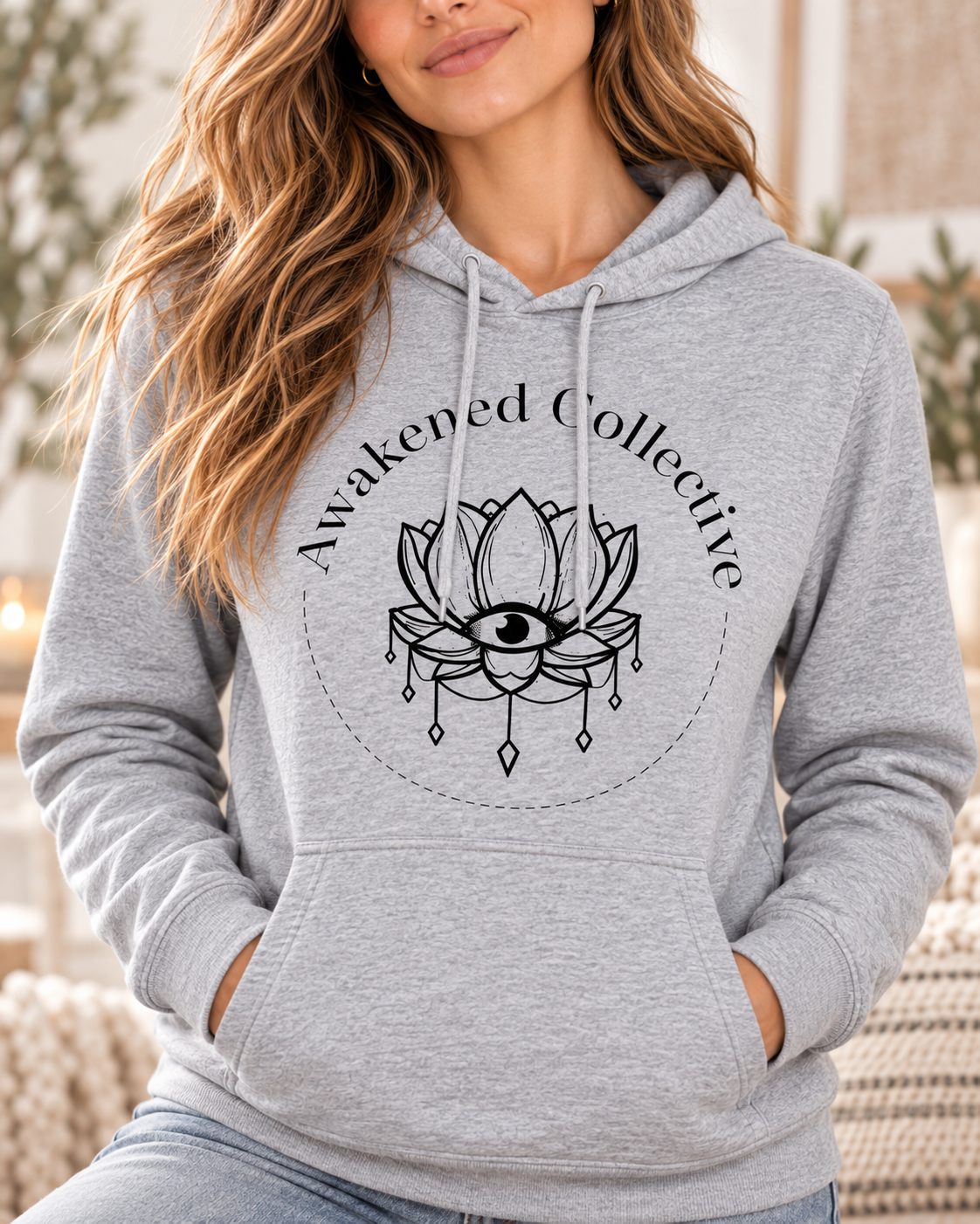Awakened design lightweight hoodie in Light Heather Grey – graphic detail