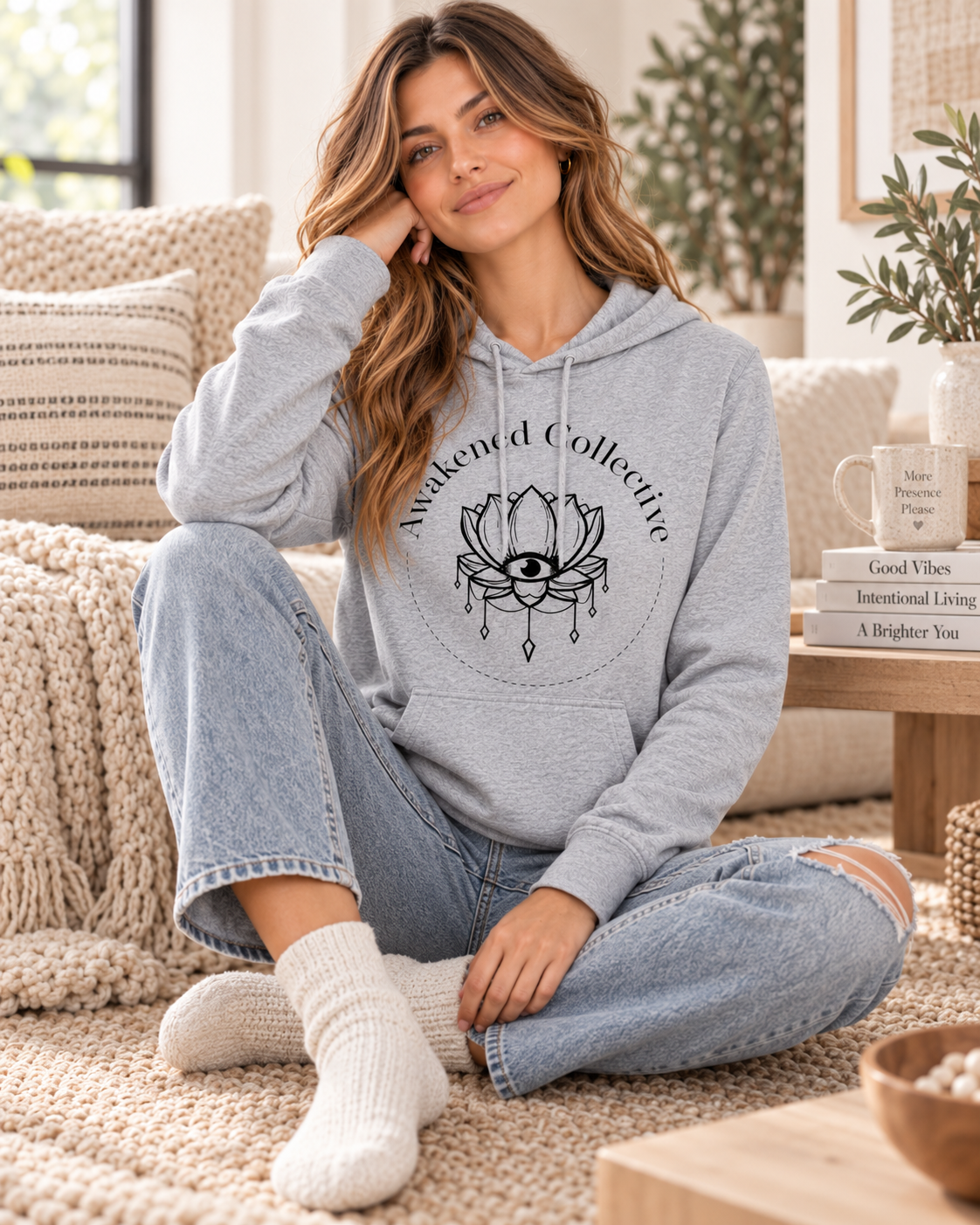 Awakened design lightweight hoodie in Light Heather Grey – seated lifestyle