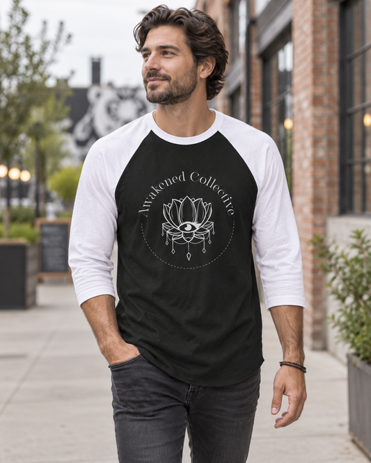 Awakened three-quarter sleeve tee in black and white – lifestyle hero