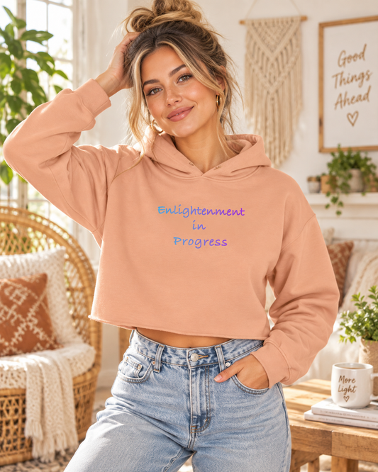Enlightenment in Progress crop hoodie in Peach – realistic lifestyle hero