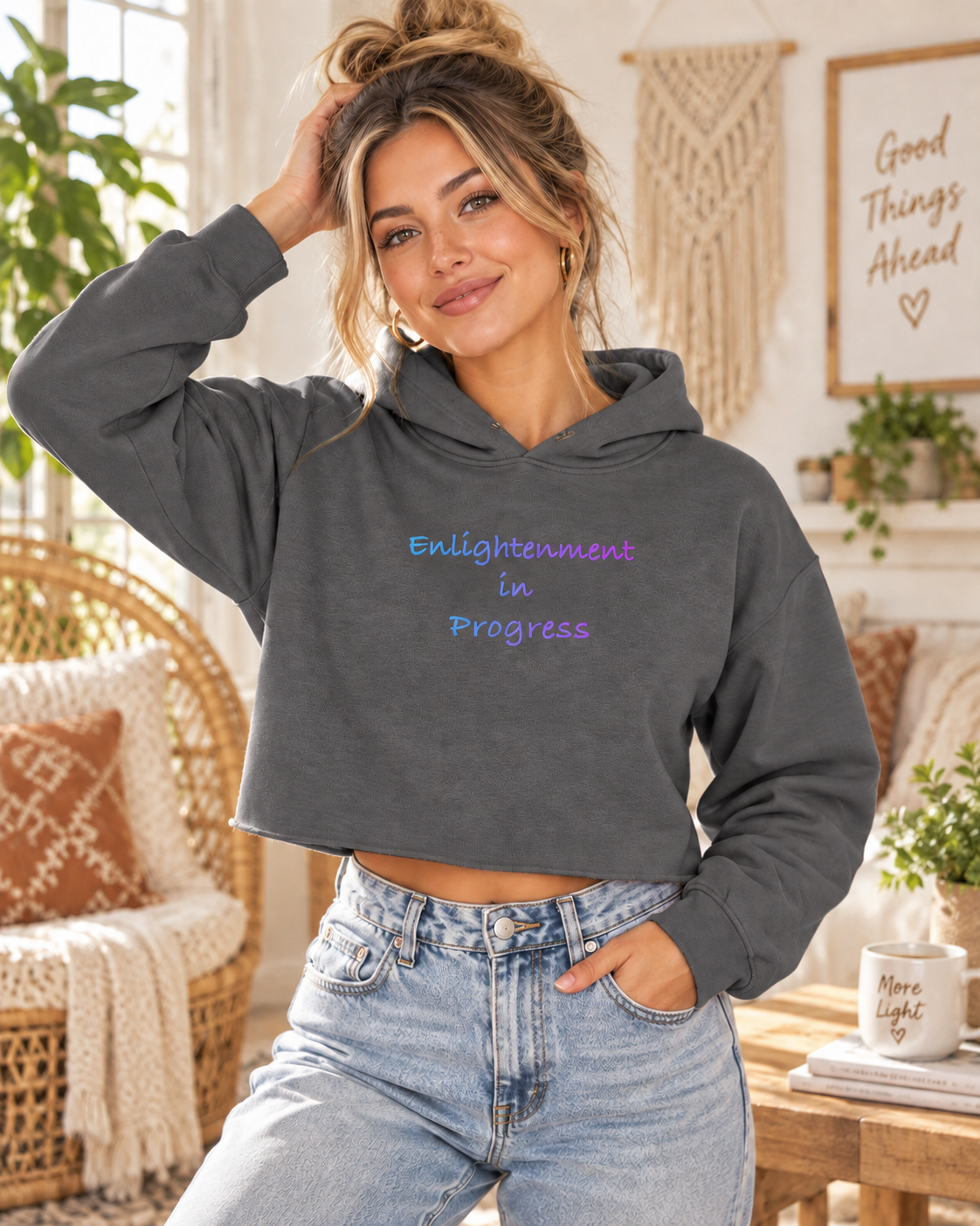 Enlightenment in Progress crop hoodie in Storm – realistic lifestyle image