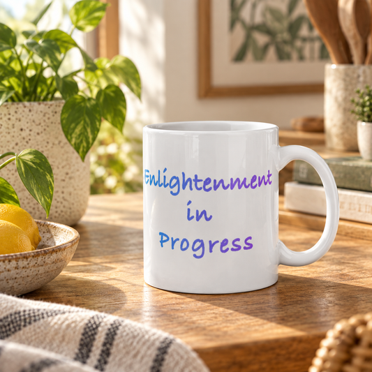 Enlightenment in Progress white mug in blue and purple – lifestyle hero