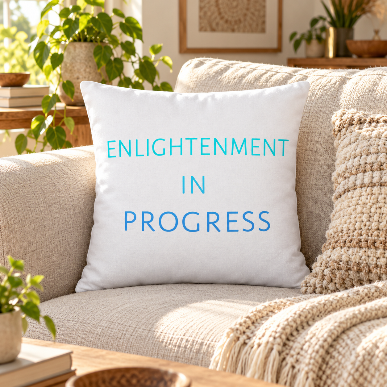 Enlightenment in Progress throw pillow in blue – lifestyle hero