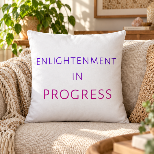 Enlightenment in Progress throw pillow in purple and pink – lifestyle hero