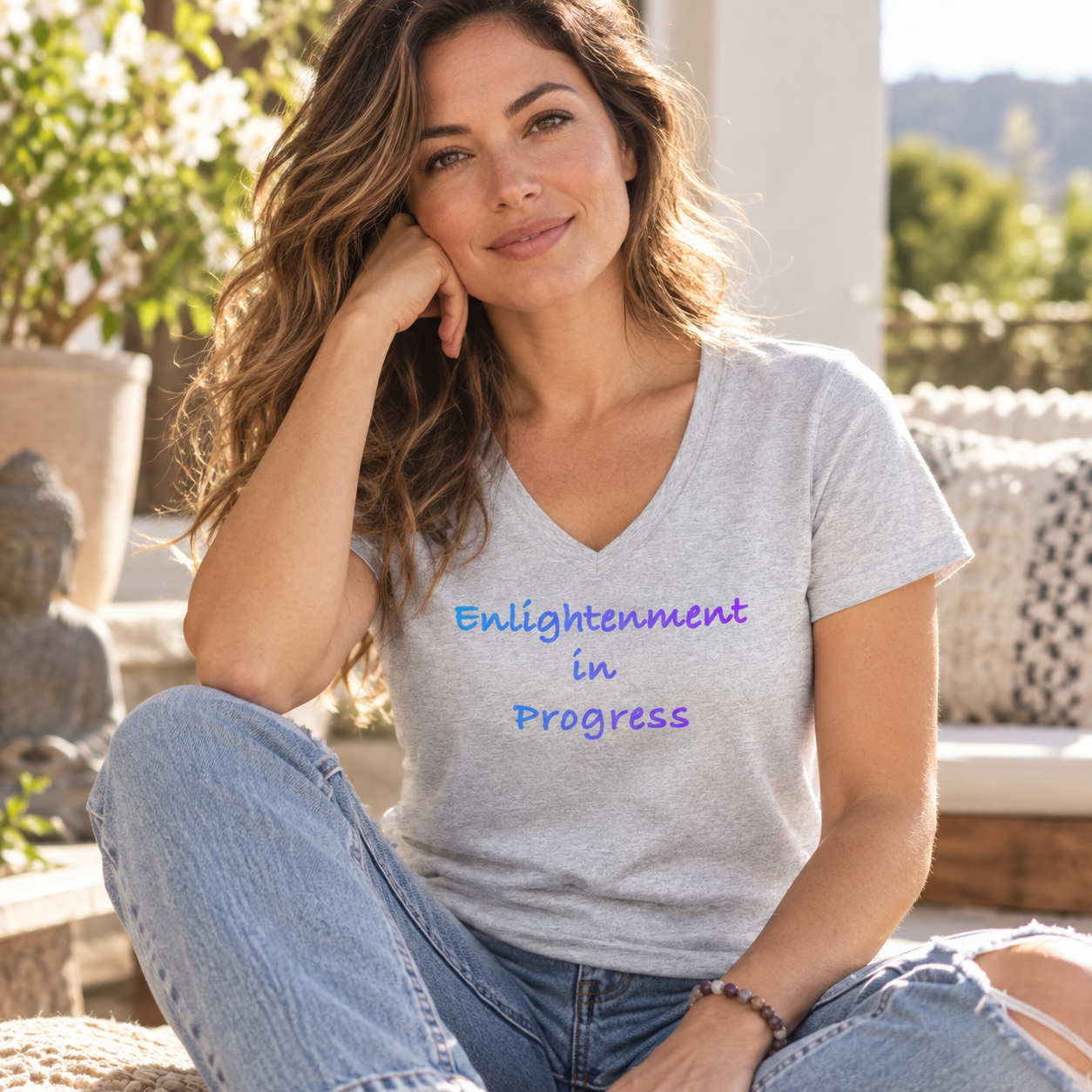 Enlightenment women's light heather grey V-neck tee – lifestyle hero