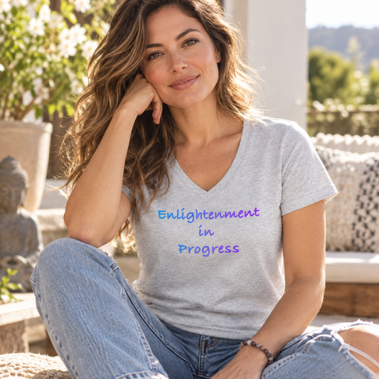 Enlightenment women's light heather grey V-neck tee – lifestyle hero