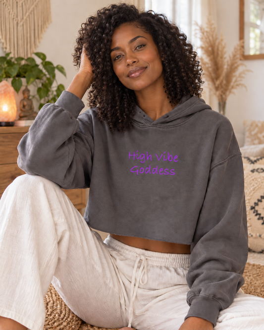 High Vibe Goddess crop hoodie in Storm gray modeled by a Black woman – lifestyle hero