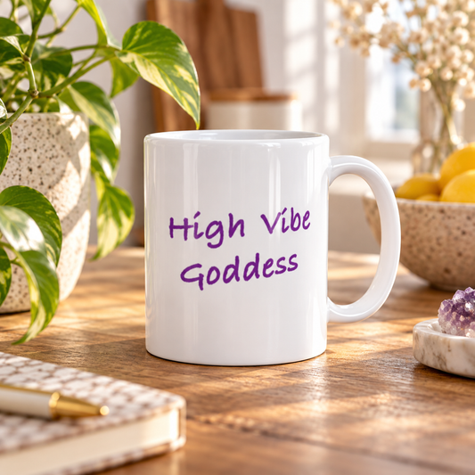 High Vibe Goddess white mug with purple design – lifestyle hero