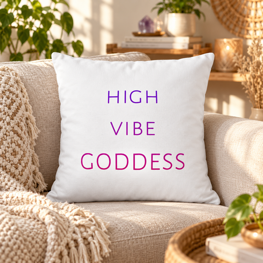 High Vibe Goddess throw pillow in purple and pink – lifestyle hero