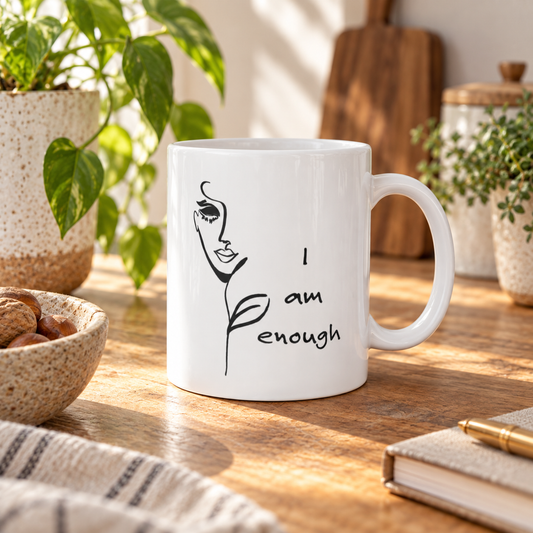 I Am Enough white mug with black line art – lifestyle hero