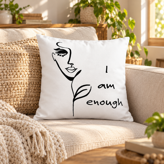 I Am Enough throw pillow with black line art – lifestyle hero