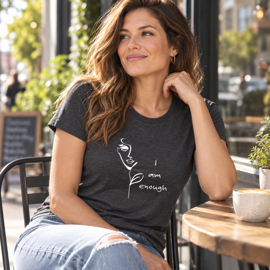 I Am Enough women's charcoal tri-blend tee – lifestyle hero