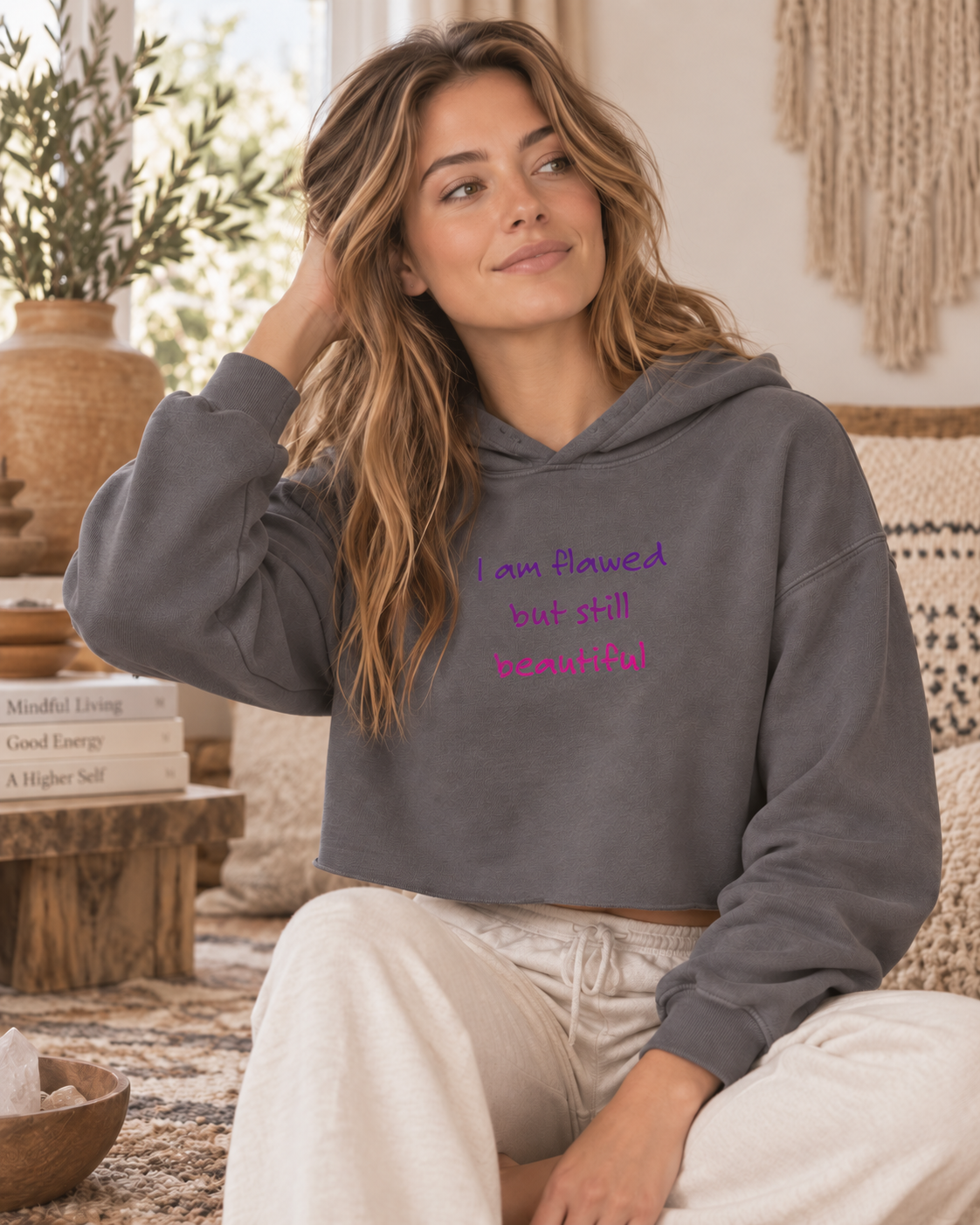 I Am Flawed but Still Beautiful crop hoodie in Storm – lifestyle hero