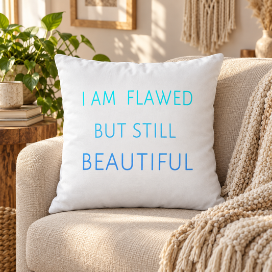 I Am Flawed but Still Beautiful throw pillow in blue – lifestyle hero