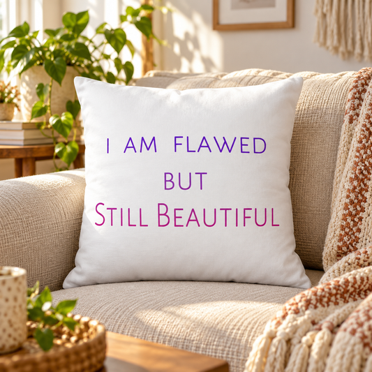 I Am Flawed but Still Beautiful throw pillow in purple and pink – lifestyle hero