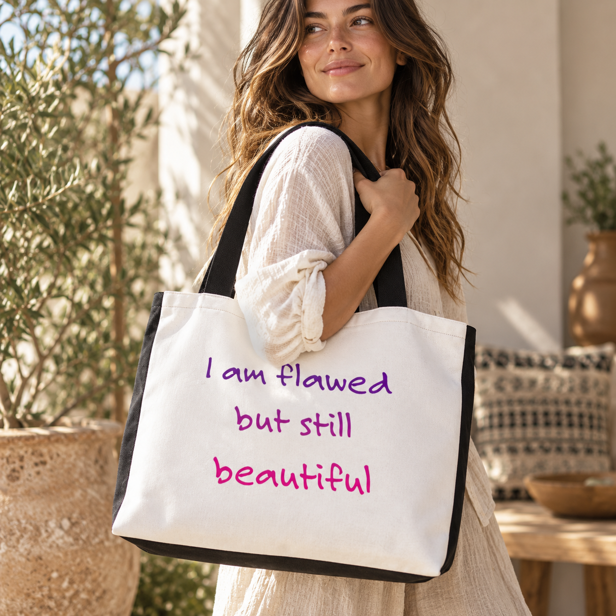 I Am Flawed but Still Beautiful large tote bag in white and black – lifestyle hero