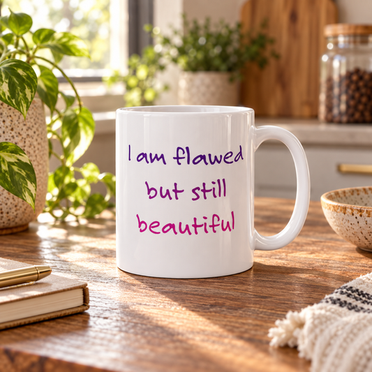 I Am Flawed but Still Beautiful white mug with purple and pink design – lifestyle hero
