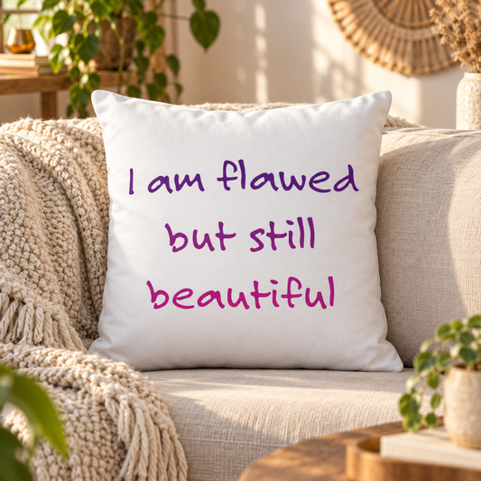 I Am Flawed but Still Beautiful throw pillow with purple and pink handwritten design – lifestyle hero
