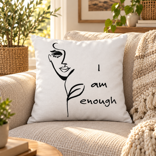 I Am Enough throw pillow with black line art – lifestyle hero