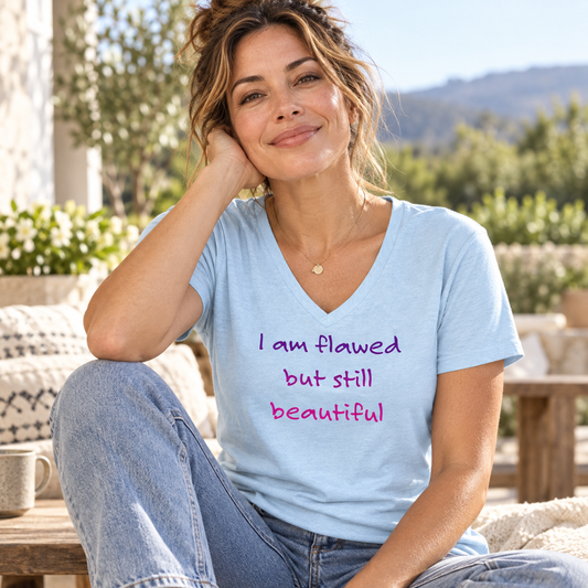 I Am Flawed but Still Beautiful women's crystal blue V-neck tee – lifestyle hero