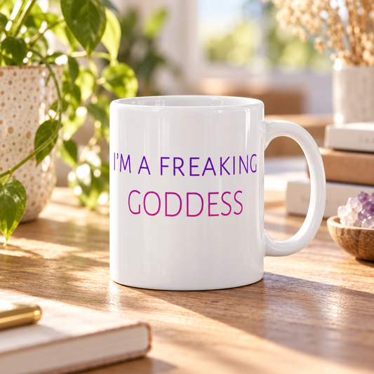 I'm a Freaking Goddess white mug in purple and pink – lifestyle hero