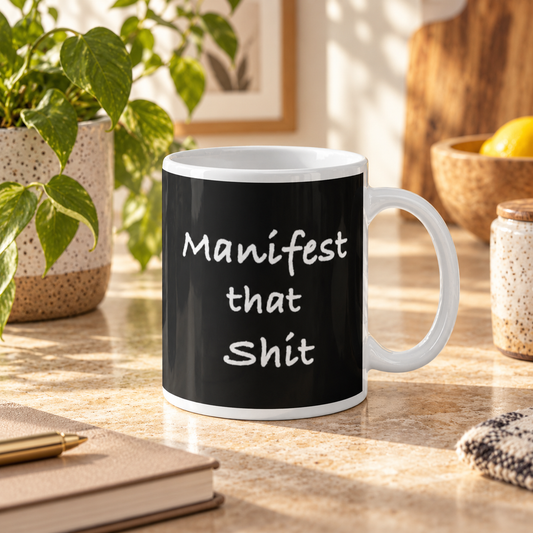Manifest black and white mug – lifestyle hero