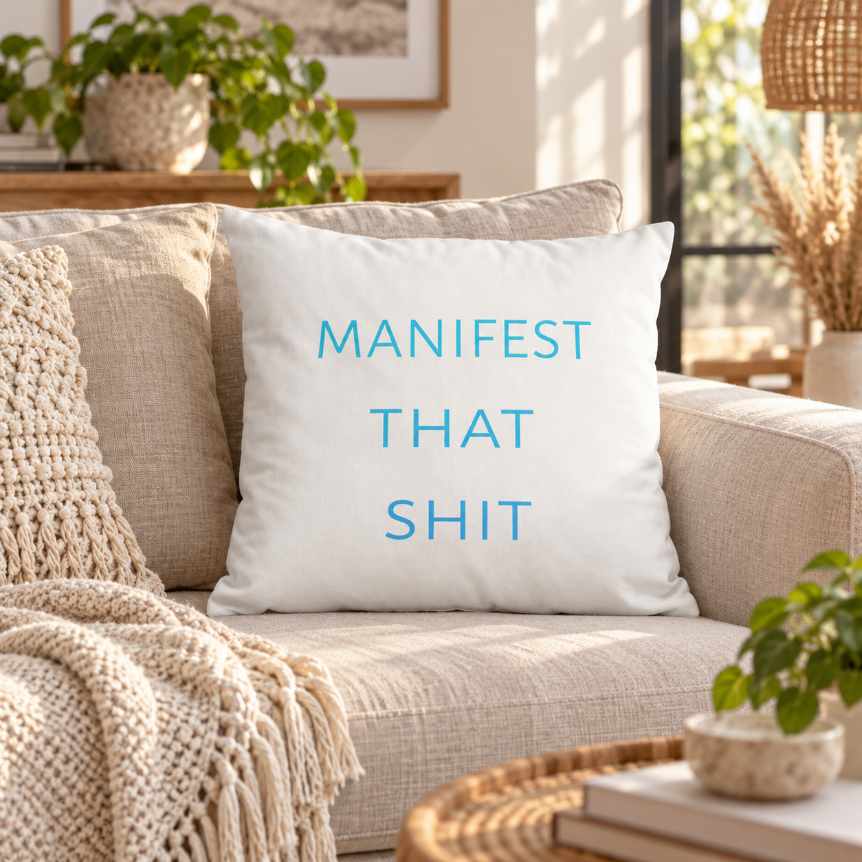 Manifest That Shit throw pillow in blue – lifestyle hero