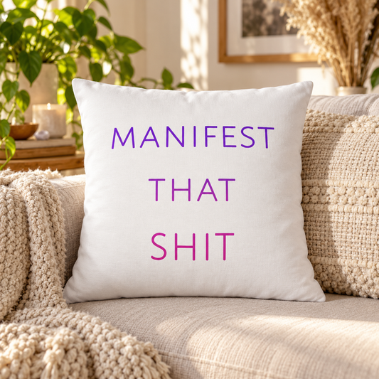 Manifest That Shit throw pillow in purple and pink – lifestyle hero