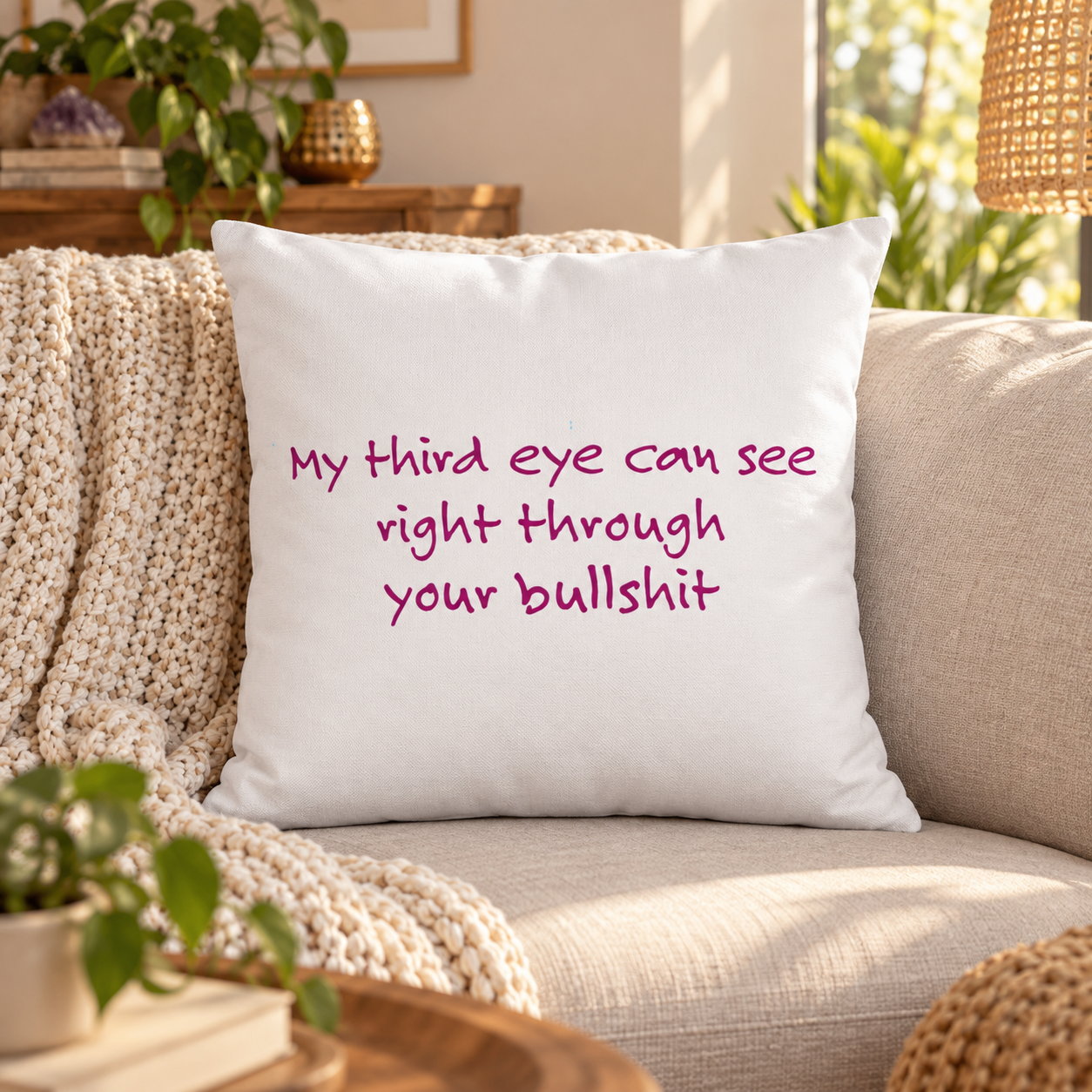 My Third Eye Can See Right Through Your Bullshit throw pillow with magenta design – lifestyle hero