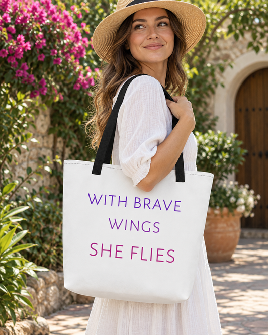 With Brave Wings She Flies large tote bag in white and black – lifestyle hero