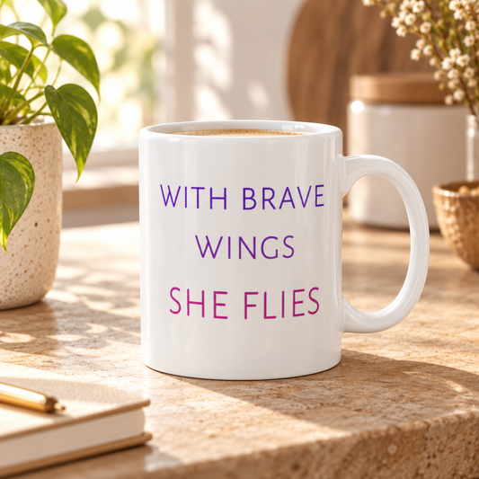 With Brave Wings She Flies white mug in purple and pink – lifestyle hero