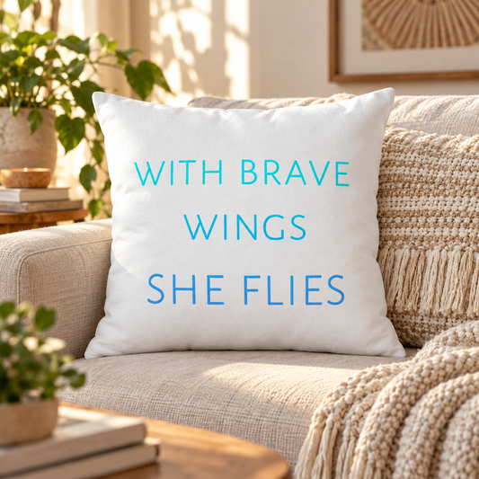 With Brave Wings She Flies throw pillow in blue – lifestyle hero