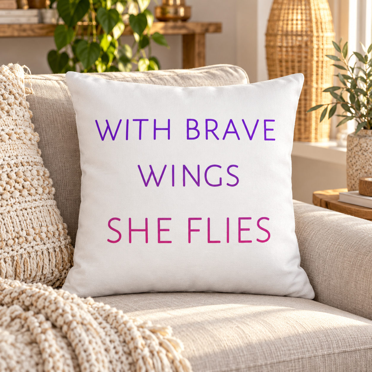 With Brave Wings She Flies throw pillow in purple and pink – lifestyle hero