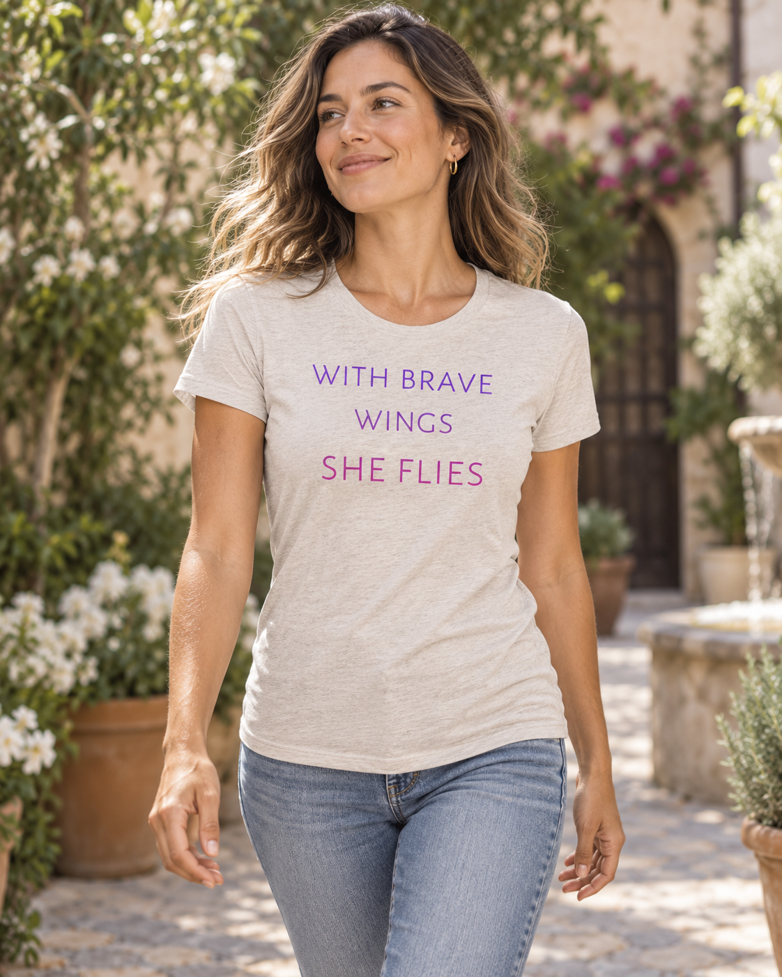 With Brave Wings She Flies tri-blend tee in oatmeal – lifestyle hero