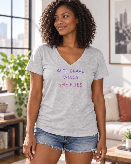 With Brave Wings She Flies women's V-neck tee in Light Heather Grey modeled by a Black woman – lifestyle hero